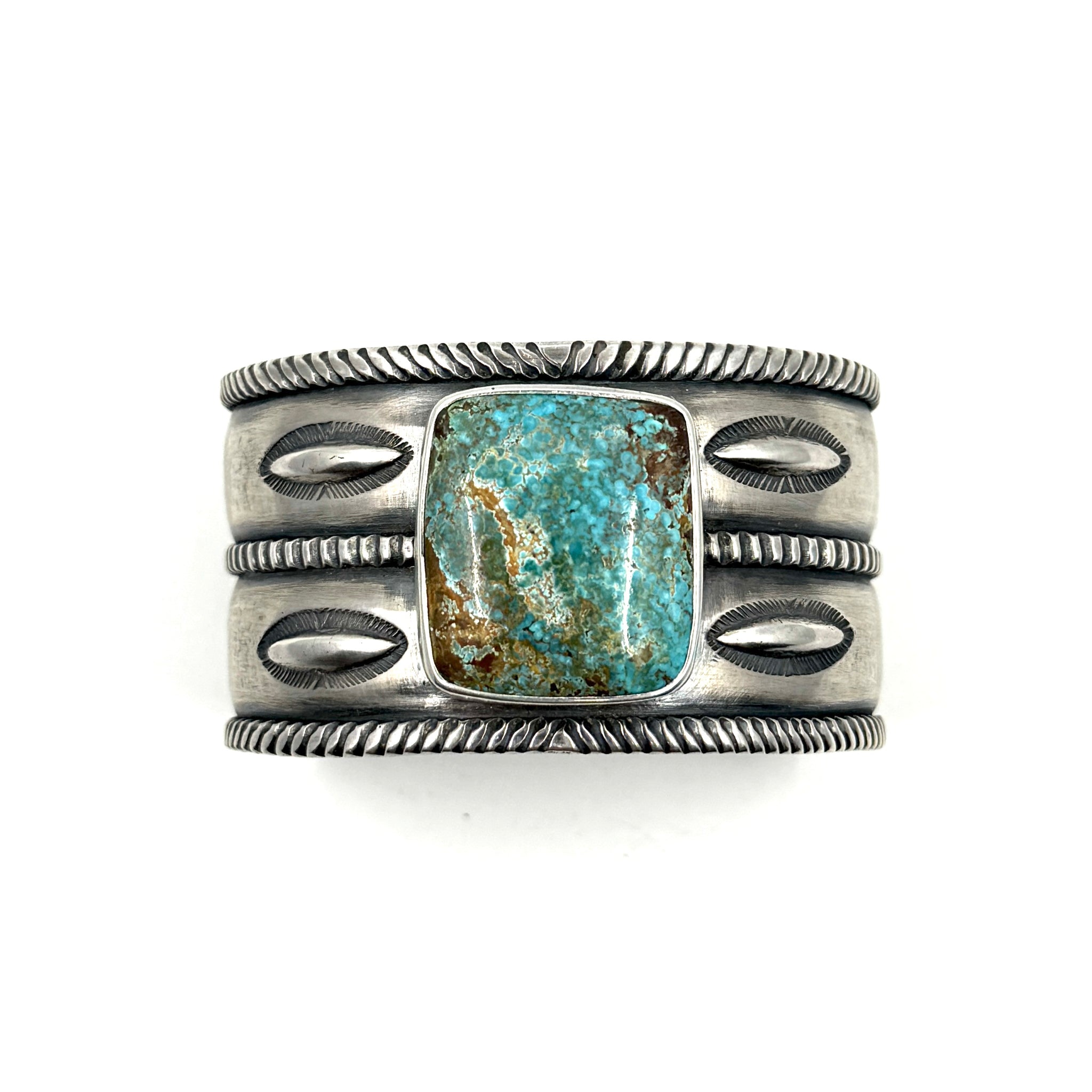 Heavy Coin Silver Three Rope Stamped Repoussé Cuff with Poquito Ridge Turquoise
