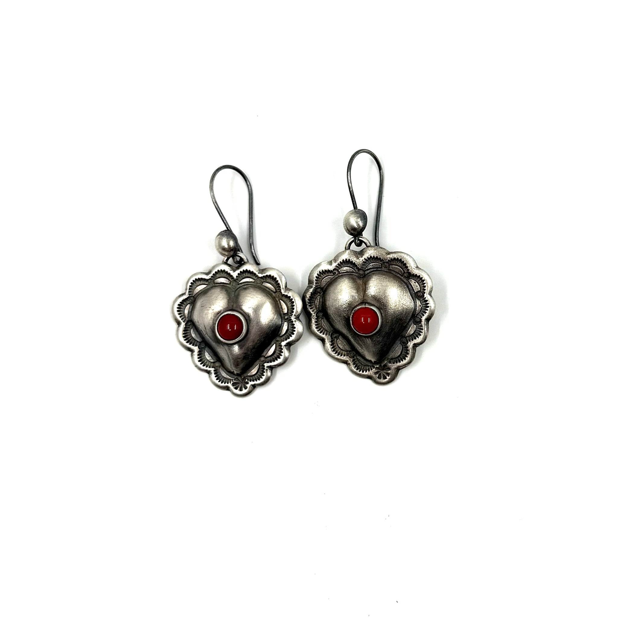 Silver Concho Style Heart Earrings with Coral