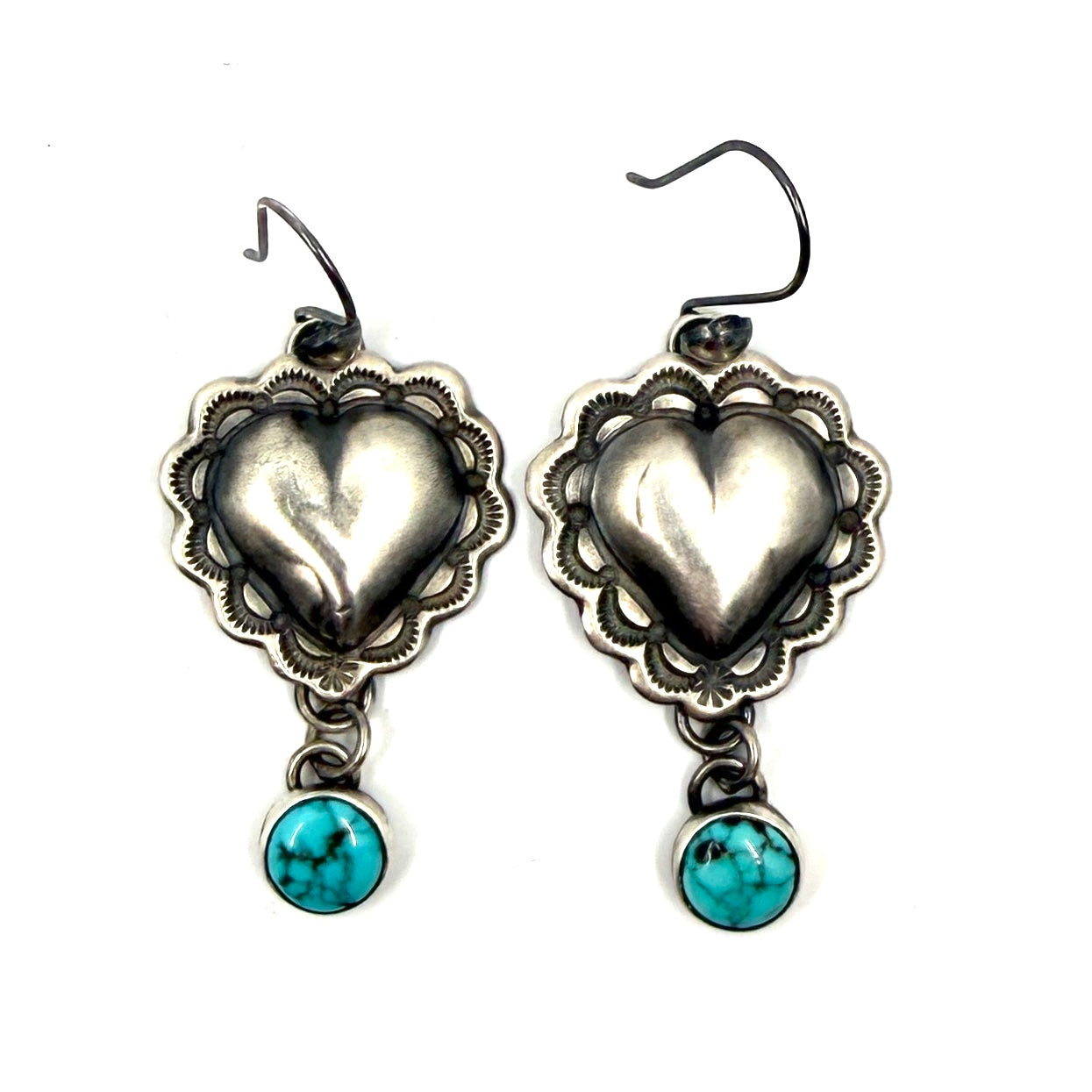 Silver Concho Style Heart Earrings with Lone Mountain Turquoise