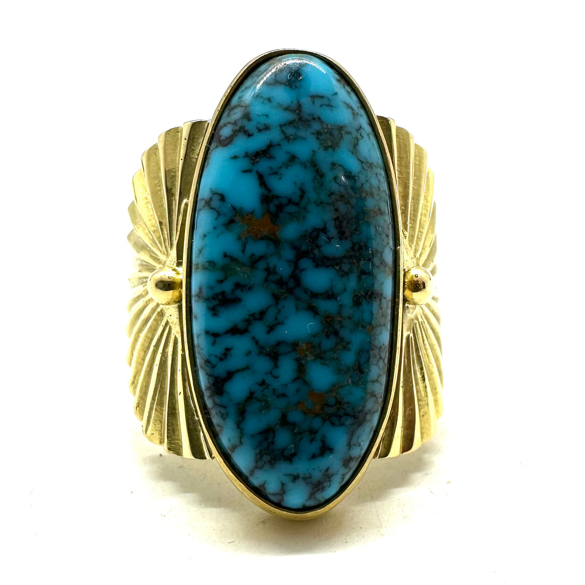 Double Fan Gold Ring with Lone Mountain Turquoise