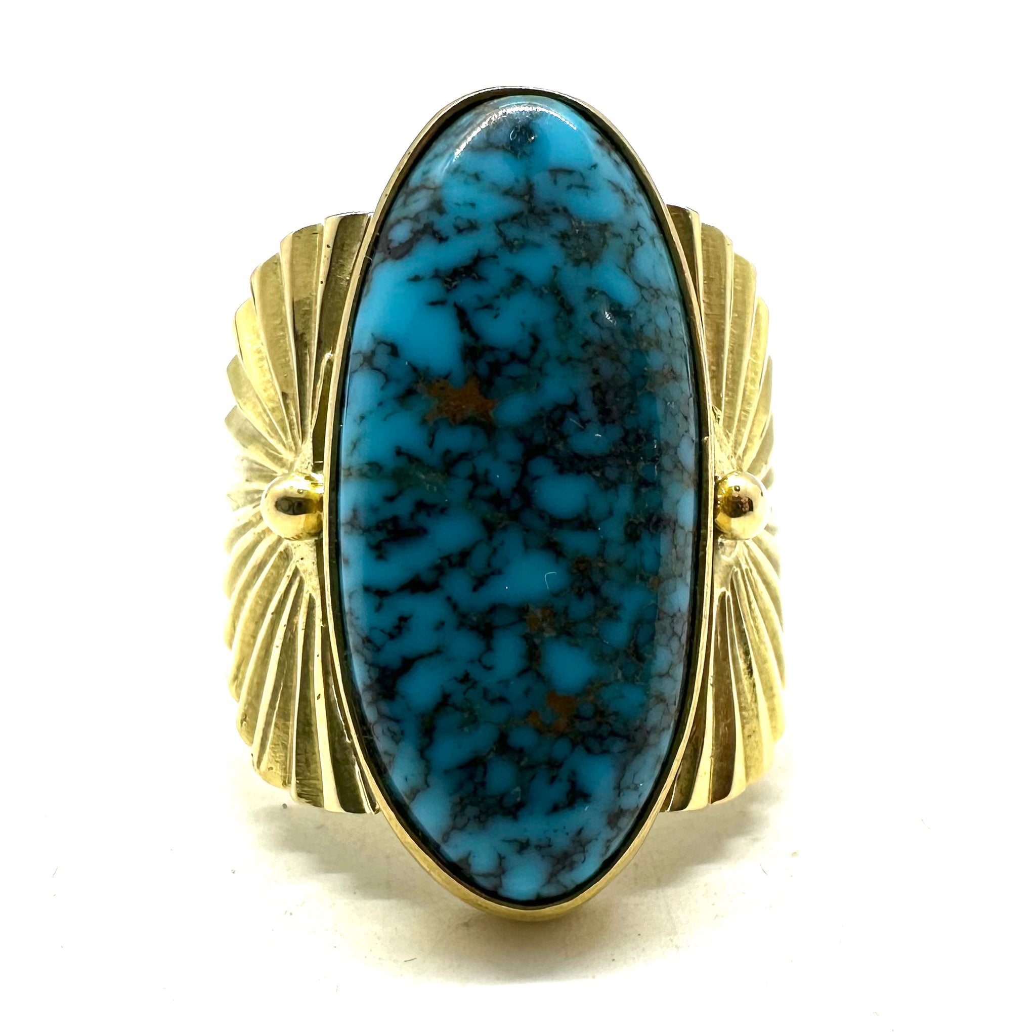 Double Fan Gold Ring with Lone Mountain Turquoise - Jesse Robbins Double Fan Gold Ring with Lone Mountain Turquoise - Jesse Robbins