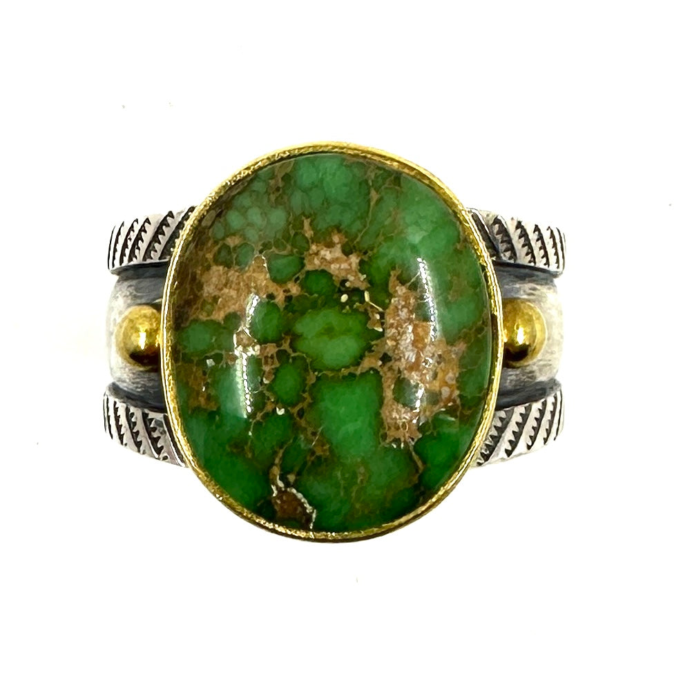 22k Gold Bezel Coin Silver Ingot Ring with Carico Lake Turquoise