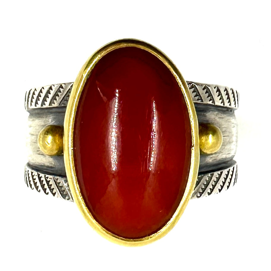 22k Gold Bezel Coin Silver Ingot Ring with Coral