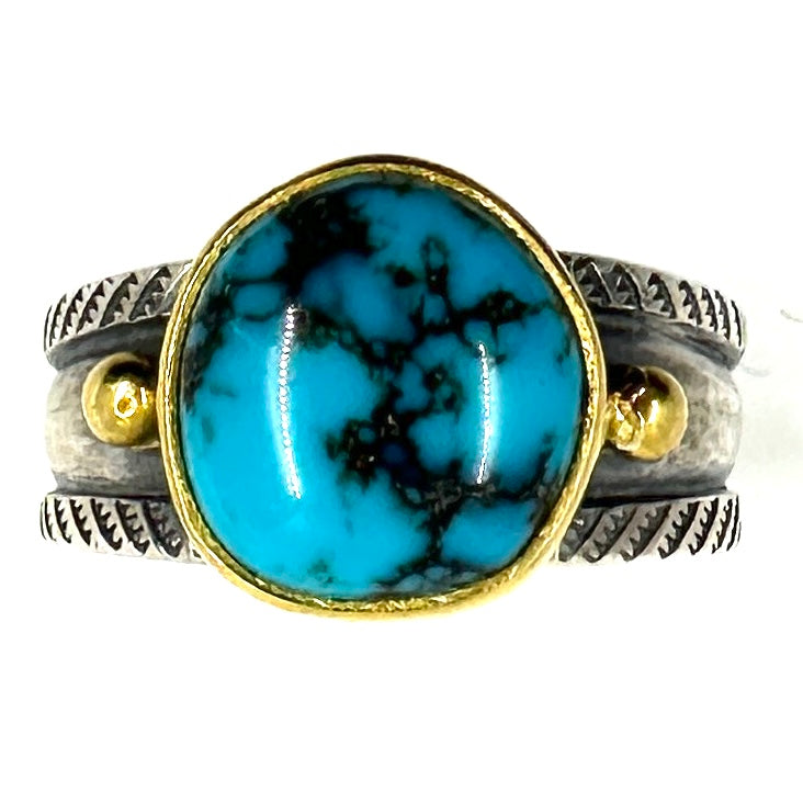 22k Gold Bezel Coin Silver Ingot Ring with Candelaria Turquoise