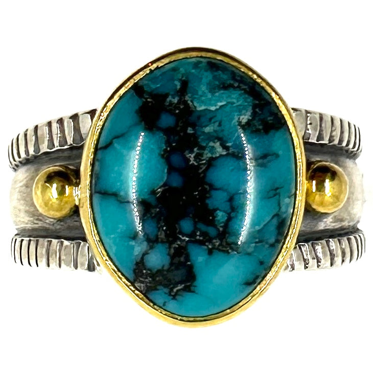 22k Gold Bezel Coin Silver Ingot Ring with Cheyenne Turquoise