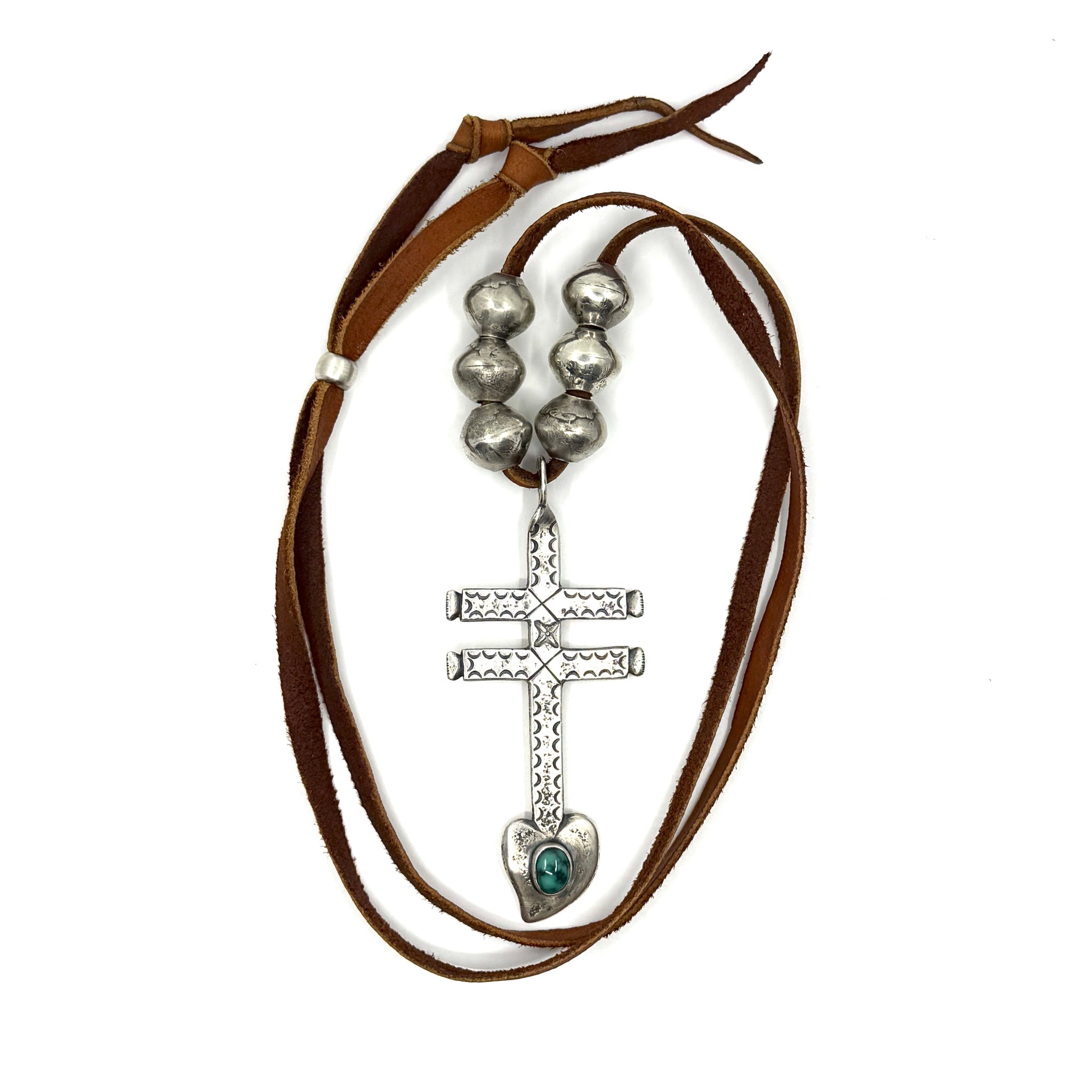 Coin Silver Heart Pueblo Cross with Cheyenne Turquoise