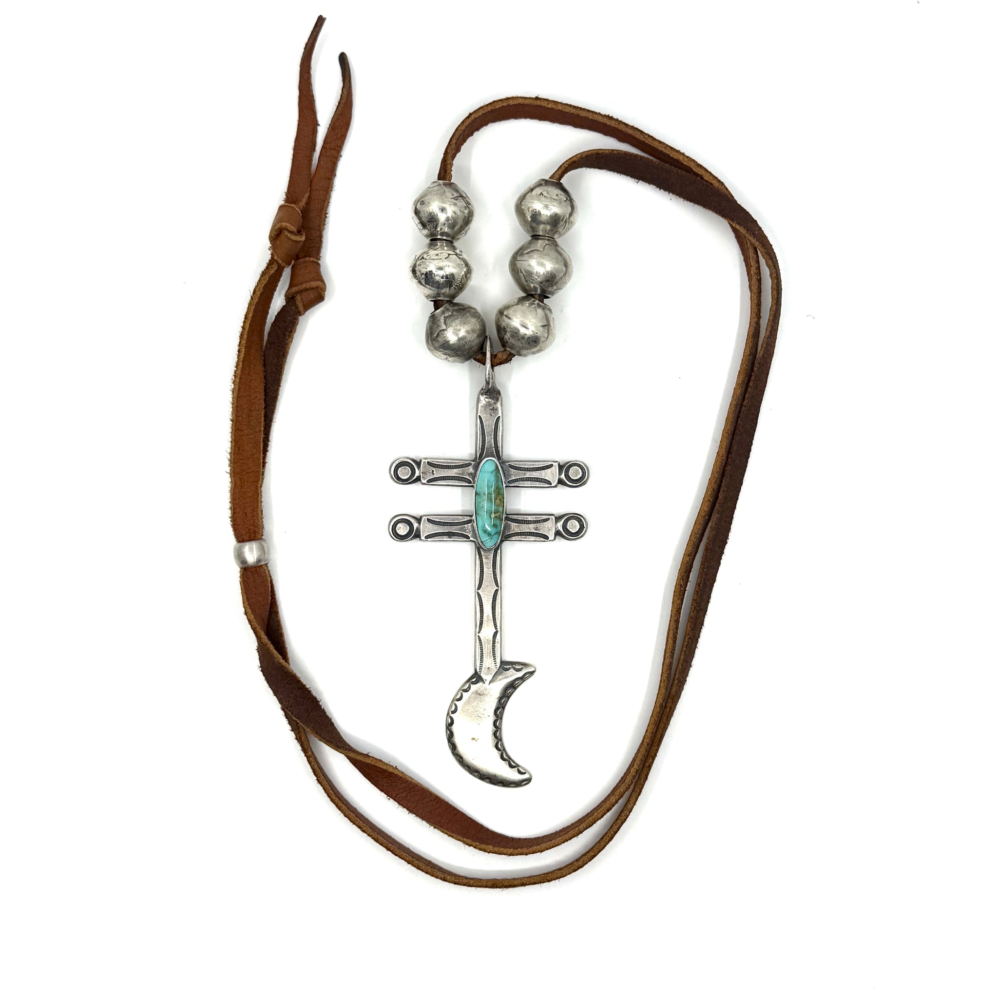 Coin Silver Moon Pueblo Cross with Cheyenne Turquoise