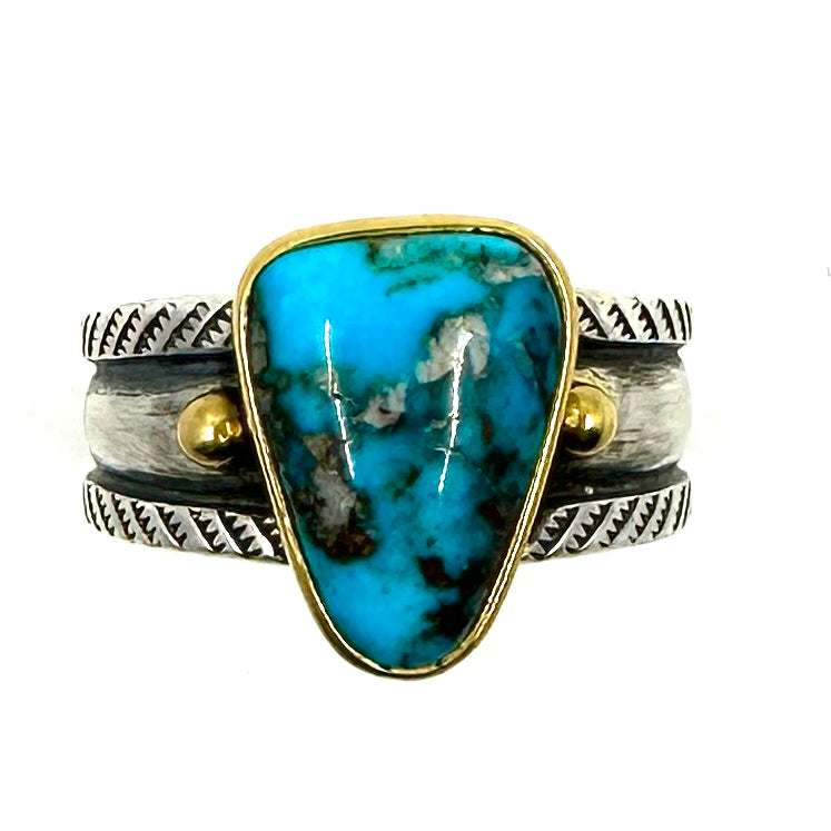 22k Gold Bezel Coin Silver Ingot Ring with Bisbee Turquoise