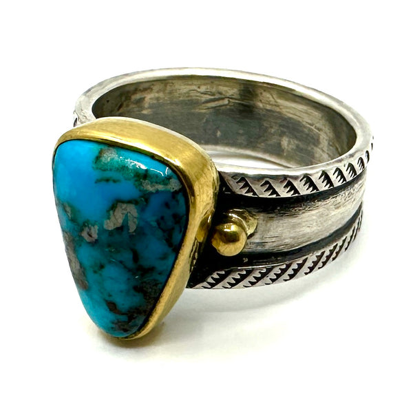 NATIVE SPIRIT Old Bisbee Ring リング　#22号 22k Gold Bezel Coin Silver Ingot Ring with Bisbee Turquoise
