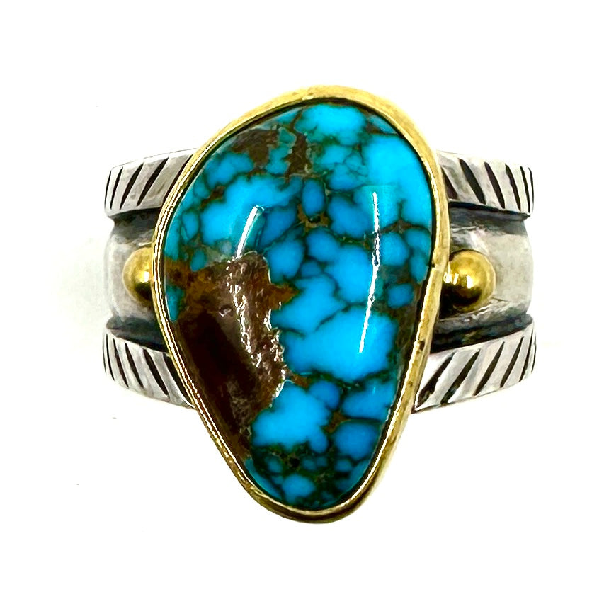 22k Gold Bezel Coin Silver Ingot Ring with Candelaria Turquoise