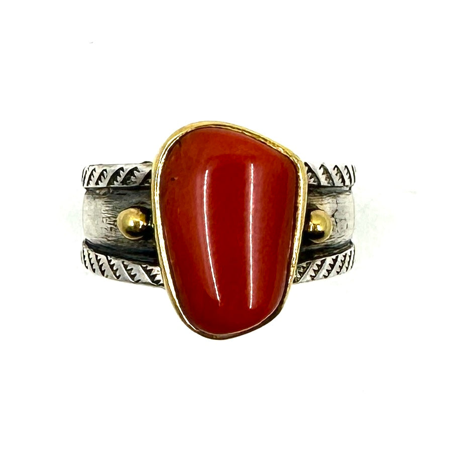 22k Gold Bezel Coin Silver Ingot Ring with Mediterranean Coral