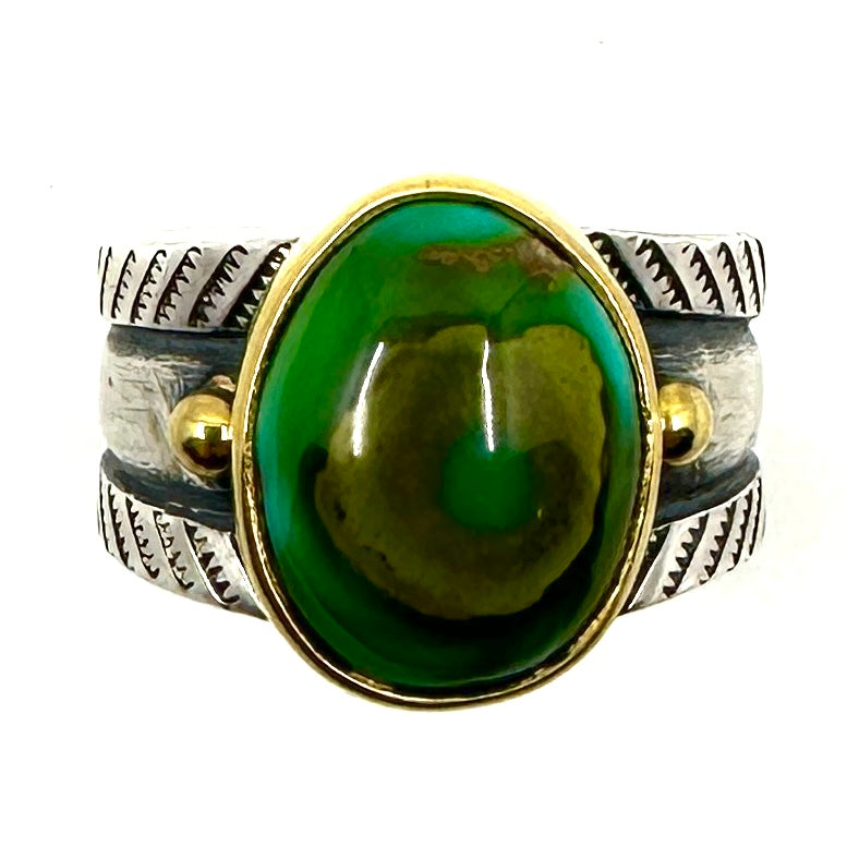 22k Gold Bezel Coin Silver Ingot Ring with Royston Turquoise